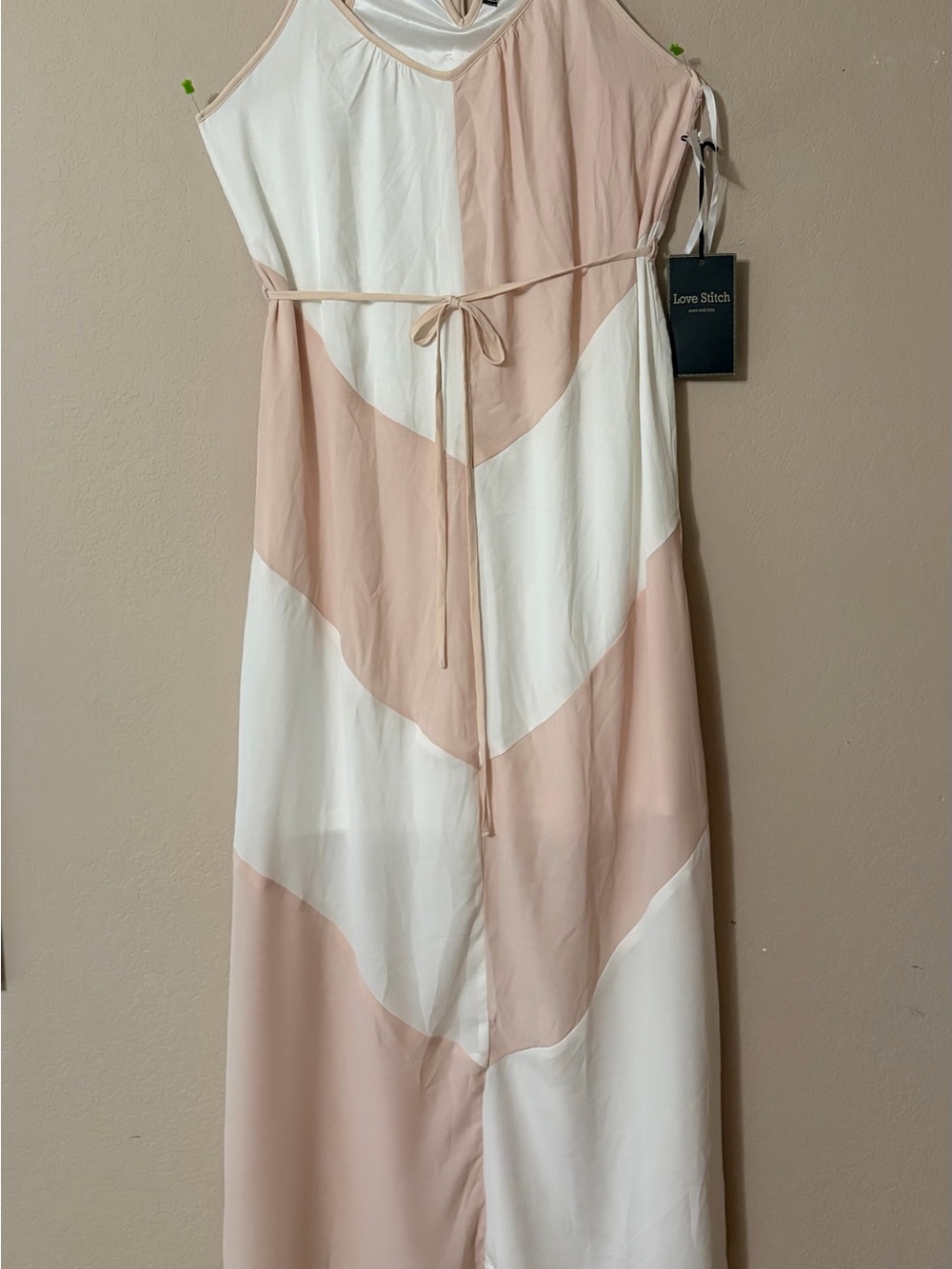 Love Stitch NWT Colorblock Chevron Maxi Dress Boho Halter Cream Tan Size M